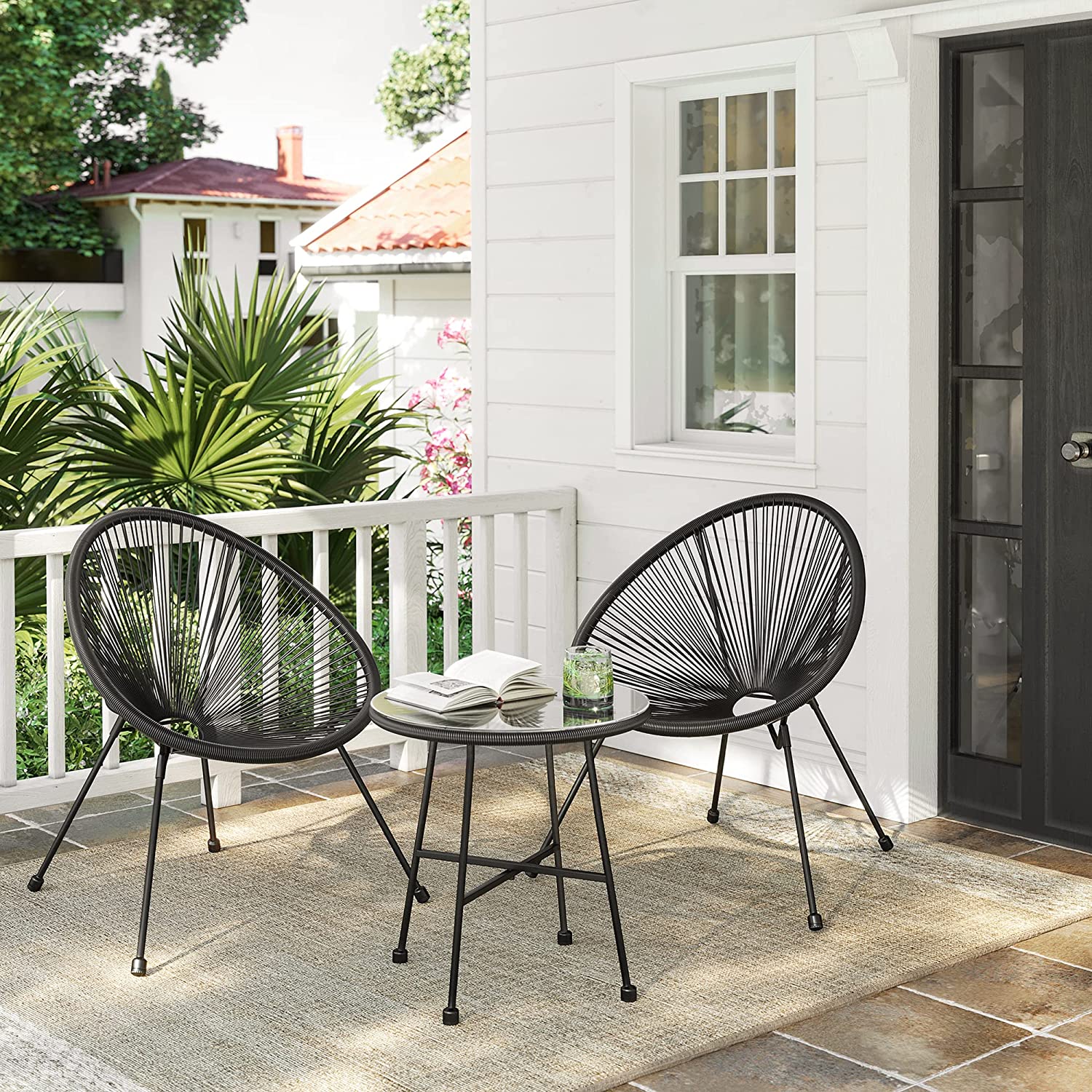 Garden furniture set - Balcony furniture - Set of 3 - Glass table top - 2 chairs - Black