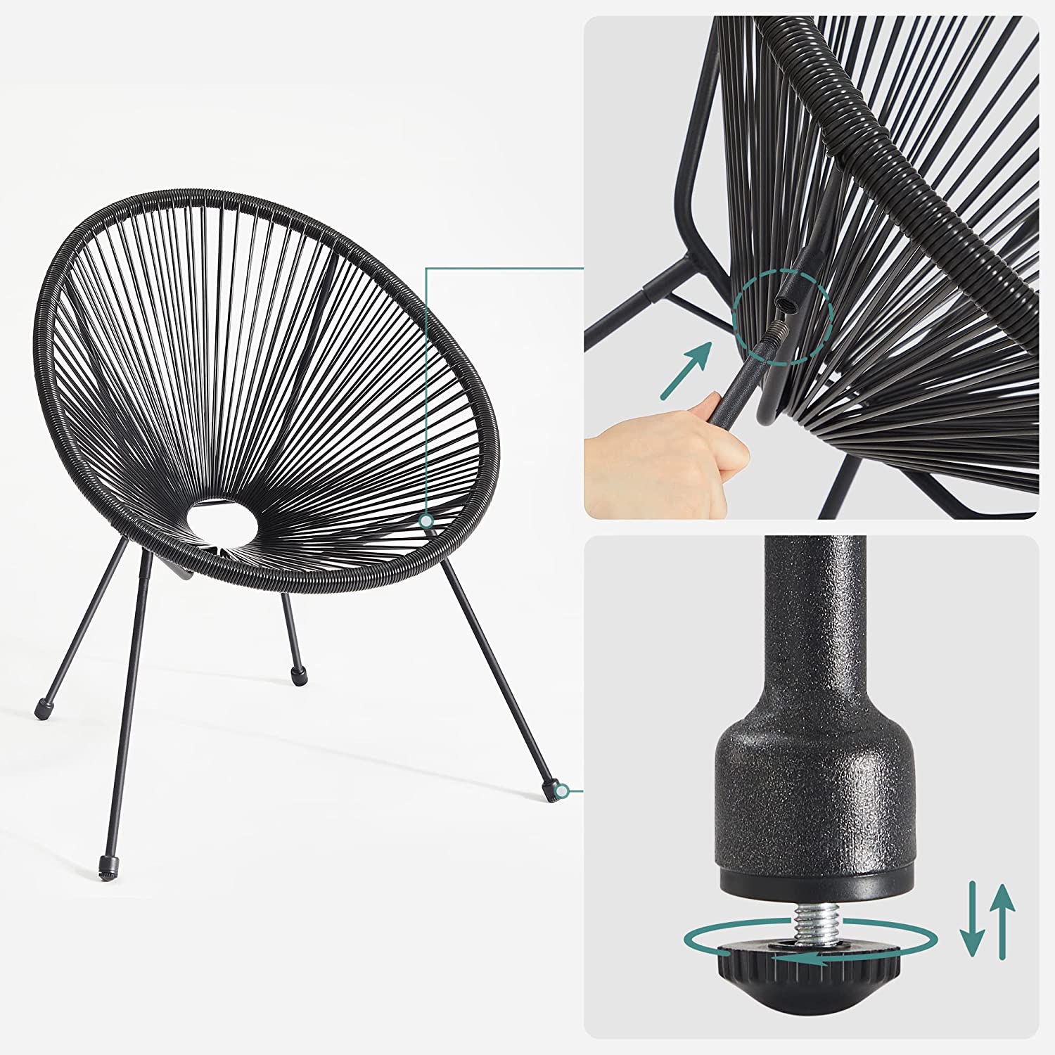 Garden furniture set - Balcony furniture - Set of 3 - Glass table top - 2 chairs - Black