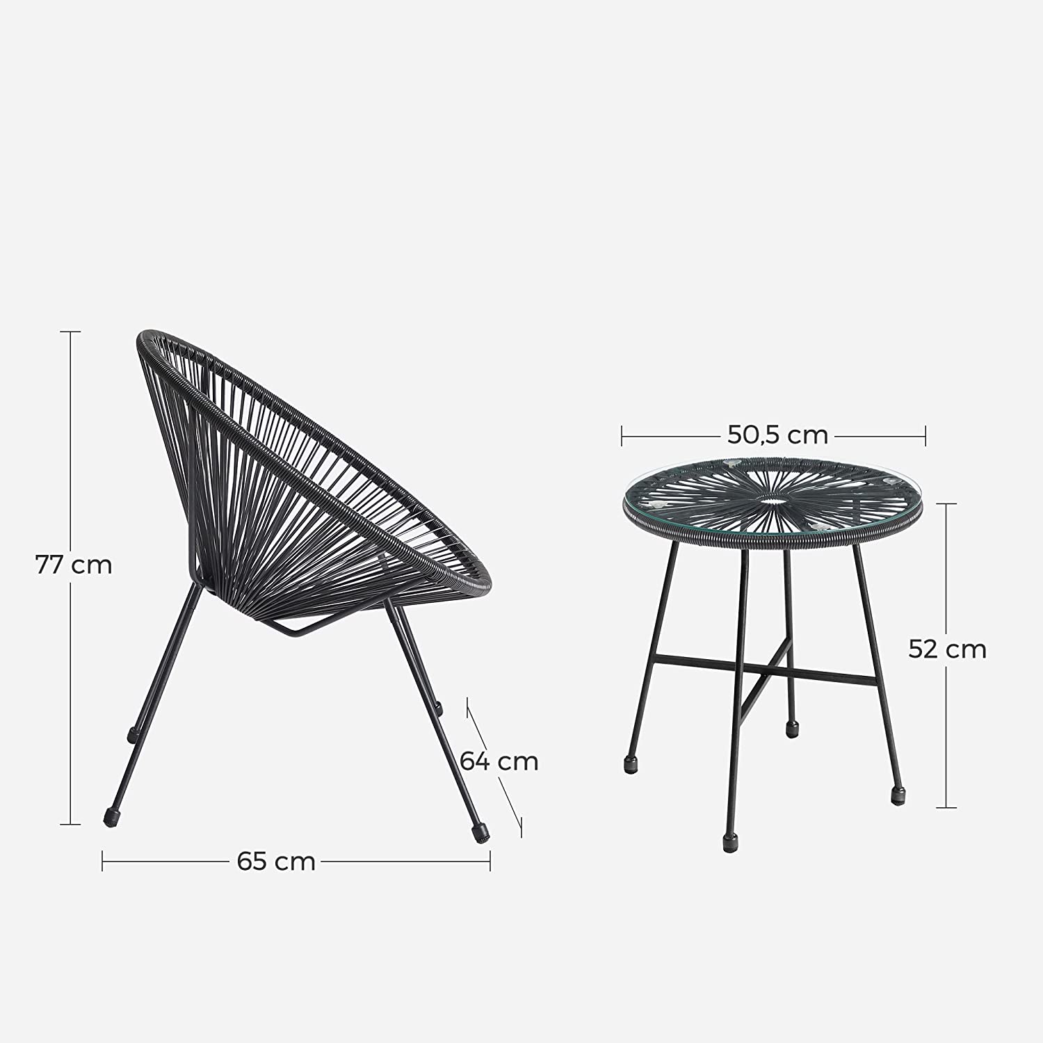 Garden furniture set - Balcony furniture - Set of 3 - Glass table top - 2 chairs - Black