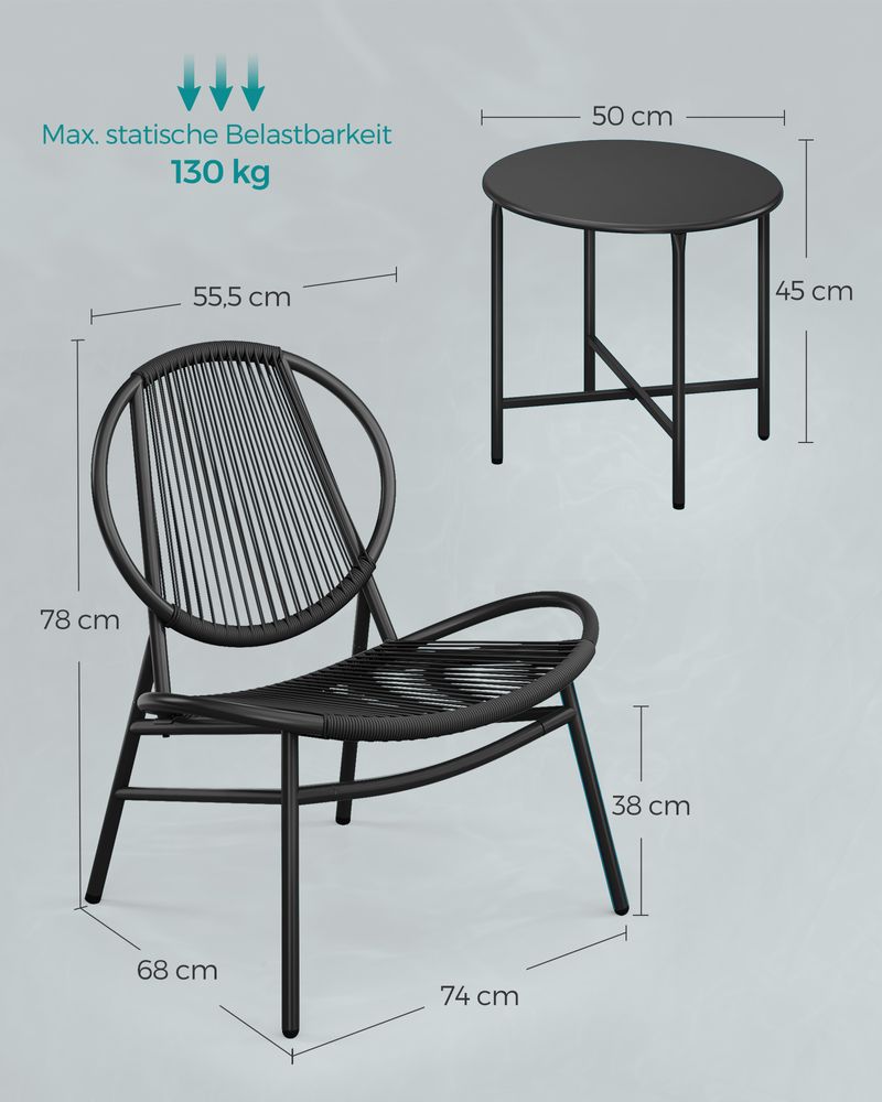 Balcony furniture set - Set of 3 - with table and 2 chairs - ink -black