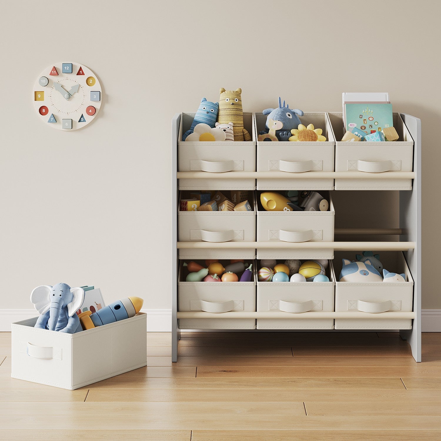 Bookcase with 9 fabric storage boxes - Organizer board with courses