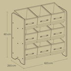 Bookcase with 9 fabric storage boxes - Organizer board with courses
