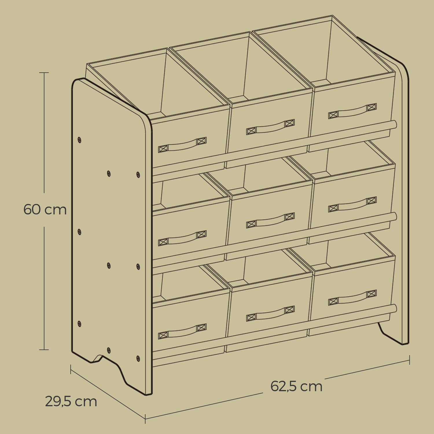 Bookcase with 9 fabric storage boxes - Organizer board with courses