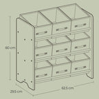 Bookcase with 9 fabric storage boxes - Organizer board with courses