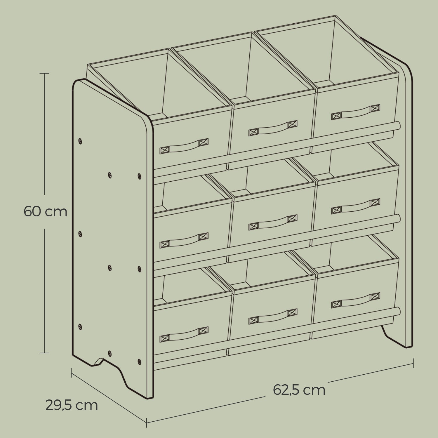 Bookcase with 9 fabric storage boxes - Organizer board with courses