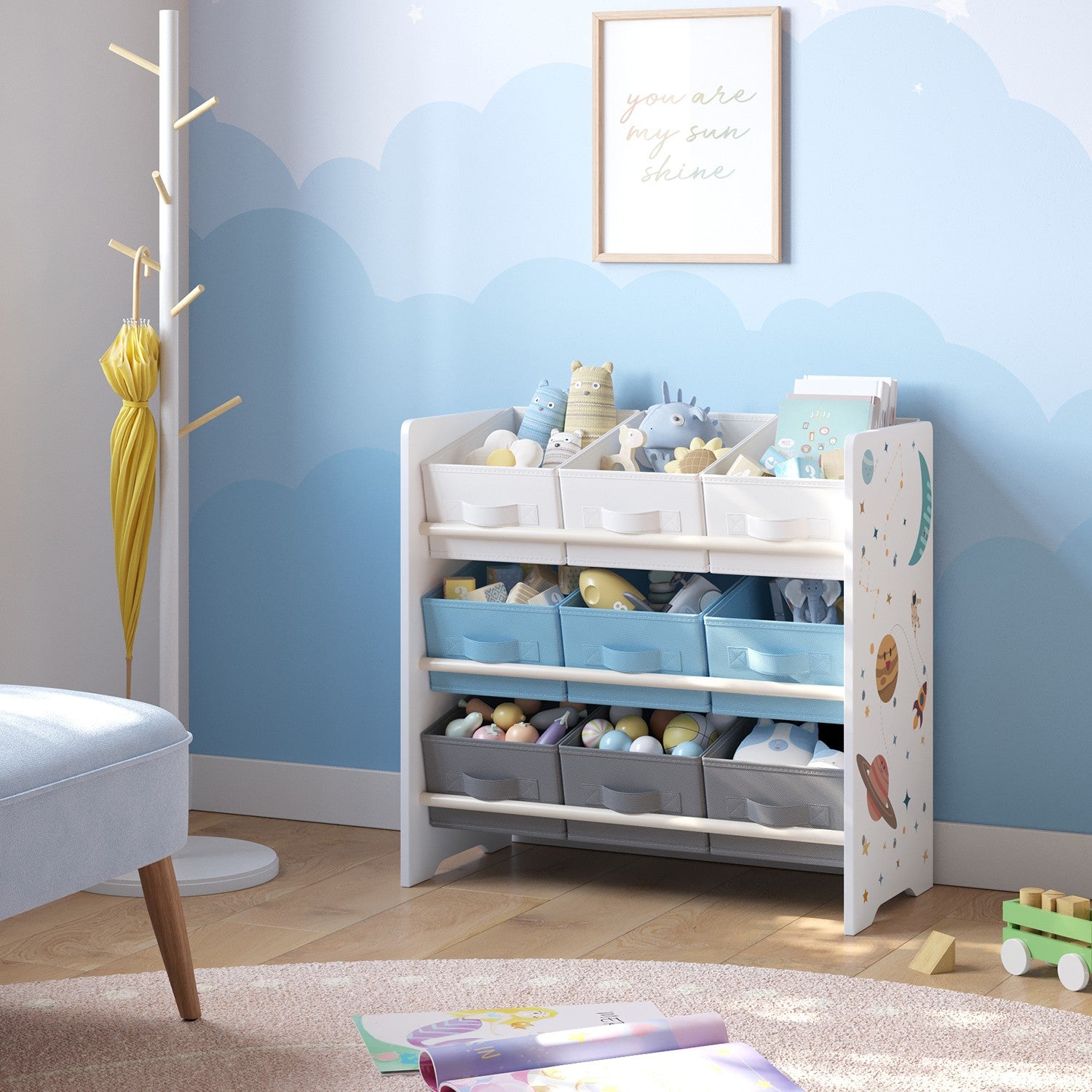 Bookcase with 9 fabric storage boxes - Organizer board with courses