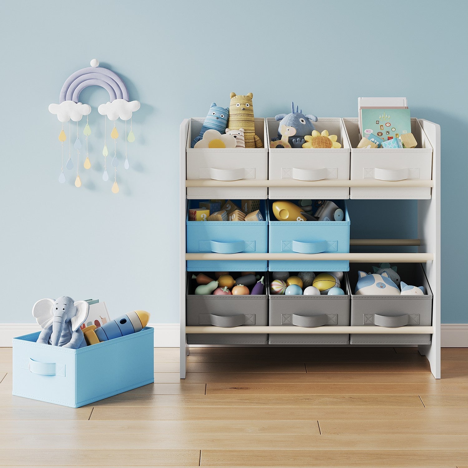 Bookcase with 9 fabric storage boxes - Organizer board with courses