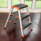 Ladder - Folding Ladder - 3 steps - Aluminum - Anti -slip - Taxable up to 150 kg - Orange / Silver
