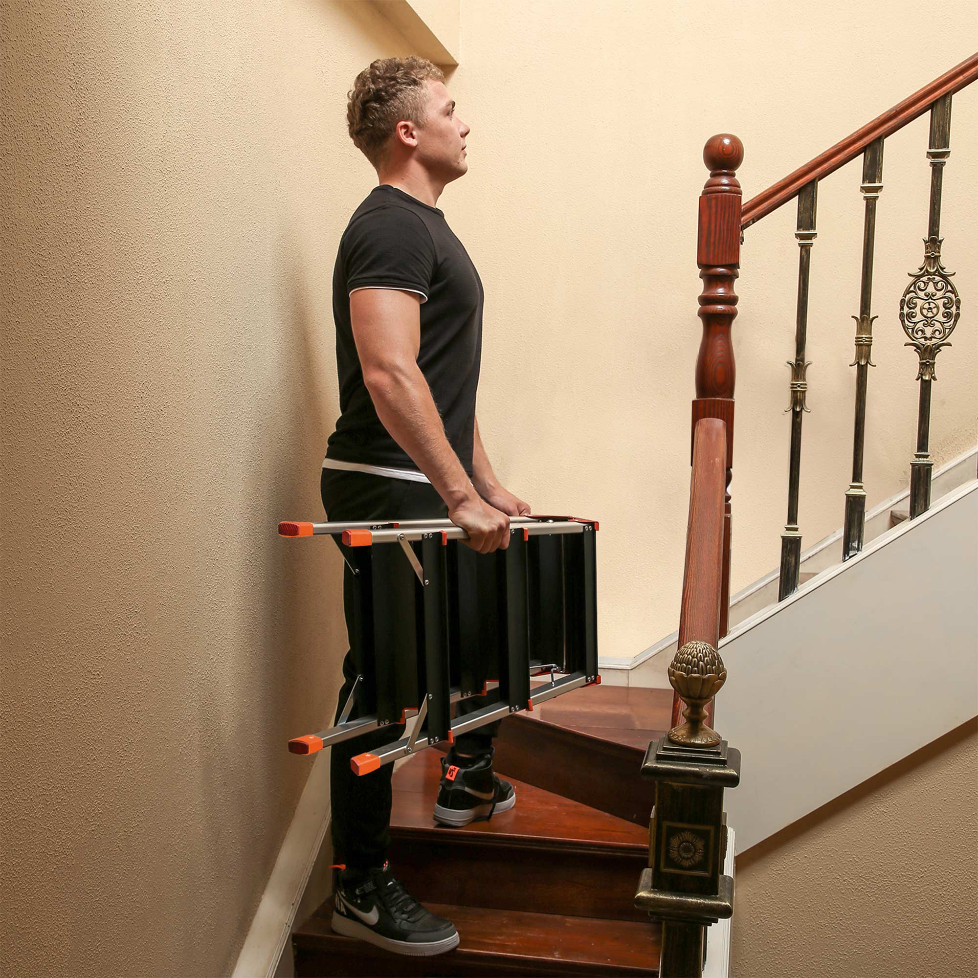 Ladder - Folding Ladder - 3 steps - Aluminum - Anti -slip - Taxable up to 150 kg - Orange / Silver