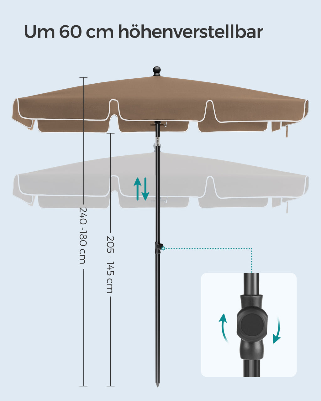 Parasol 200 x 125 cm foldable and adjustable in height