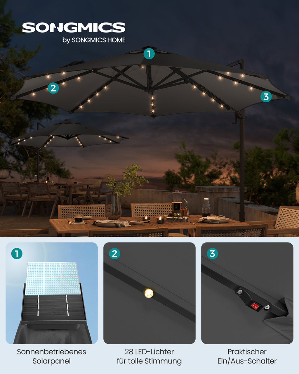 Parasol Ø300 cm-UPF 50+-With 28 LED lamps-Gray