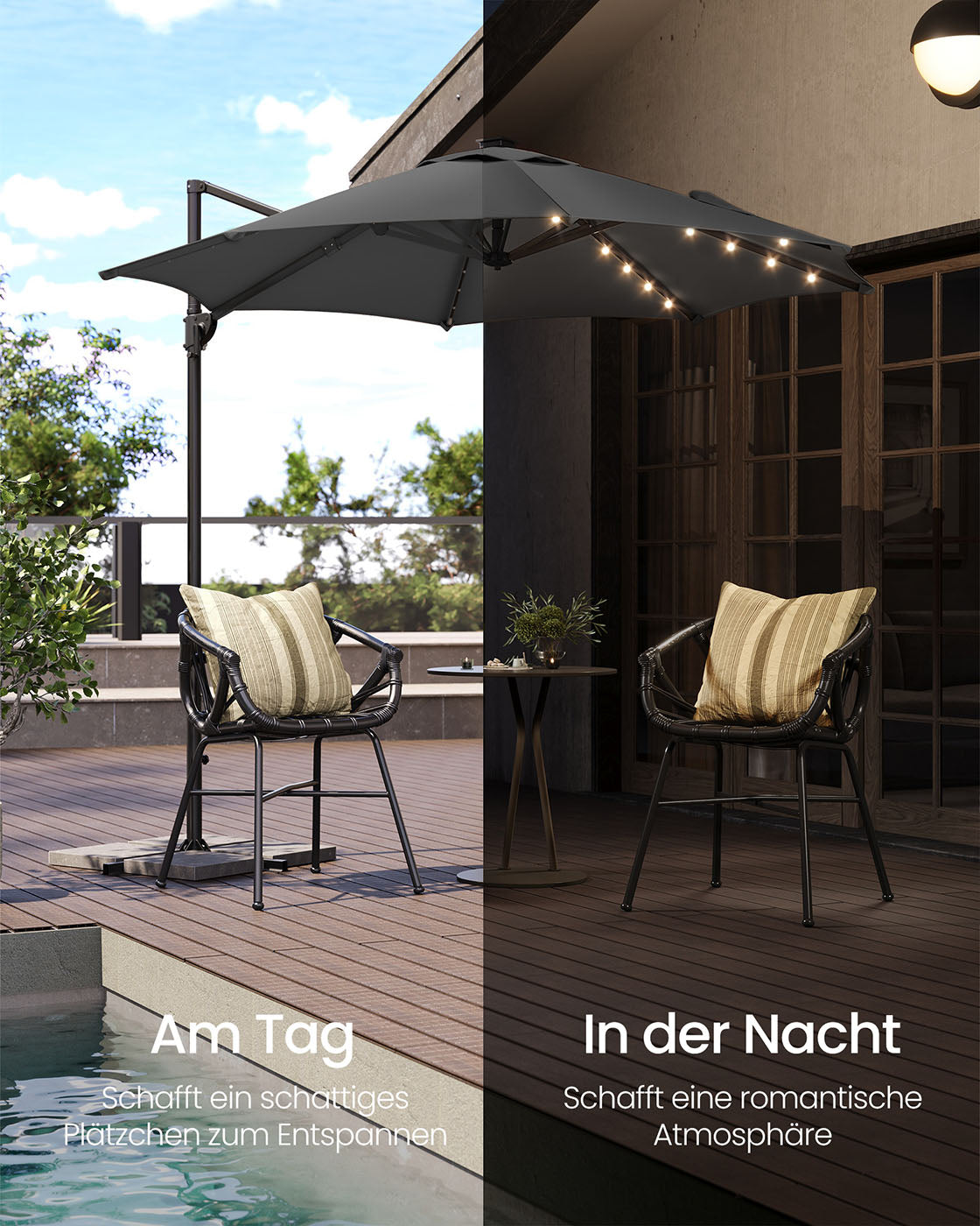 Parasol Ø300 cm-UPF 50+-With 28 LED lamps-Gray