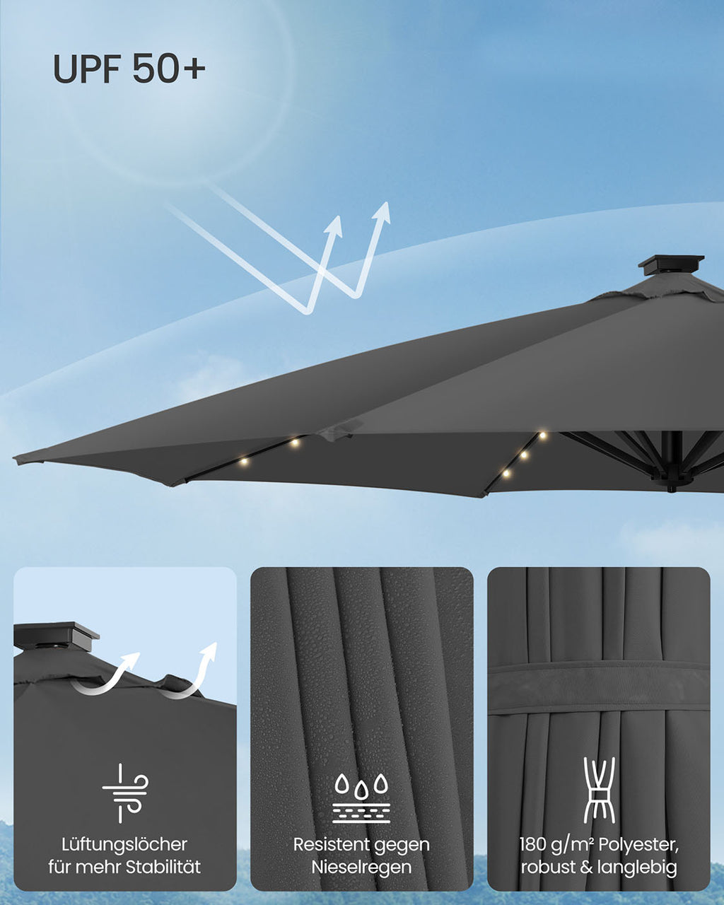 Parasol Ø300 cm-UPF 50+-With 28 LED lamps-Gray