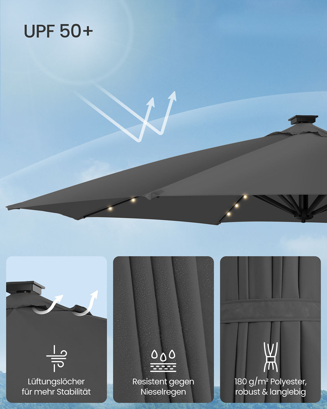 Parasol Ø300 cm-UPF 50+-With 28 LED lamps-Gray