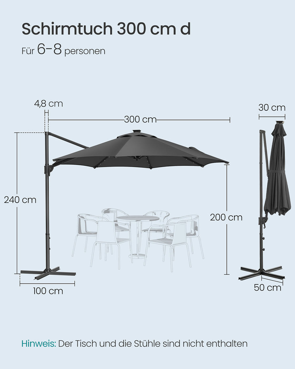 Parasol Ø300 cm-UPF 50+-With 28 LED lamps-Gray