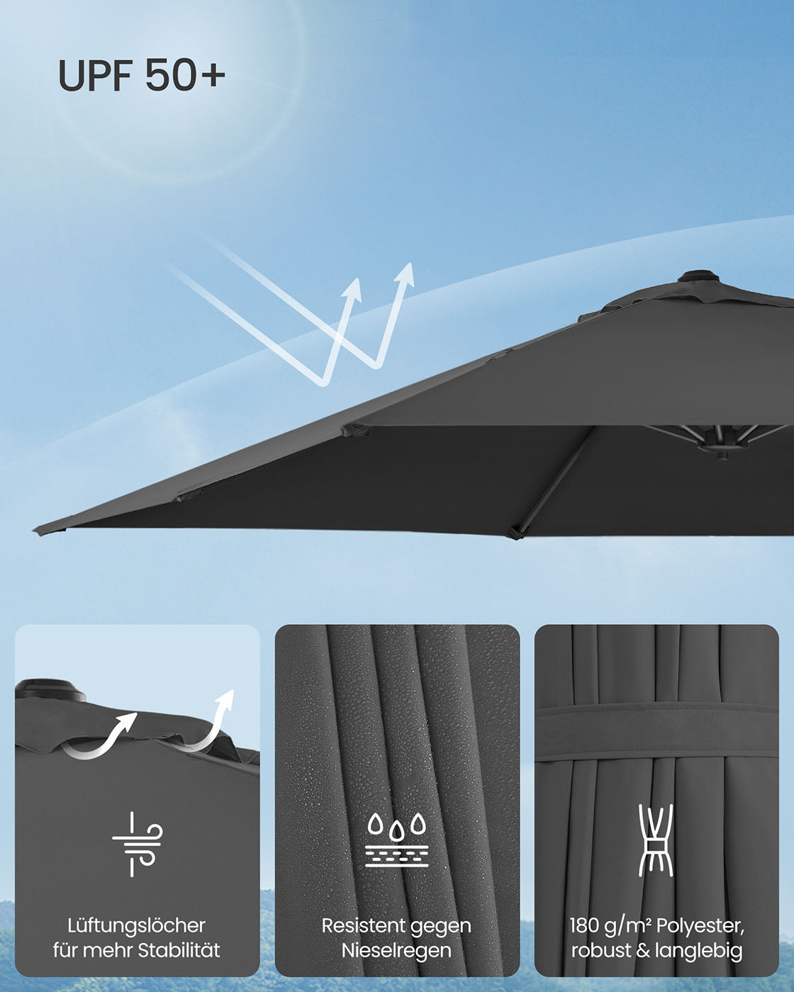 Parasol 270x270 cm - UPF 50+ - with crank and cross foot - Gray