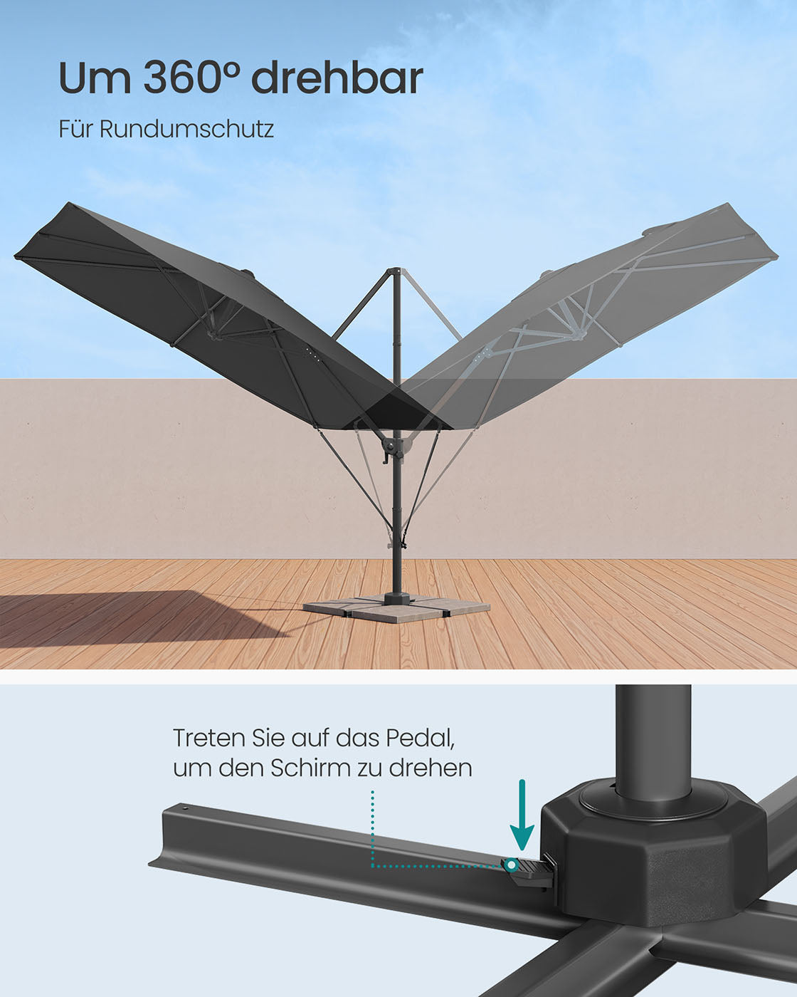 Parasol 270x270 cm - UPF 50+ - with crank and cross foot - Gray