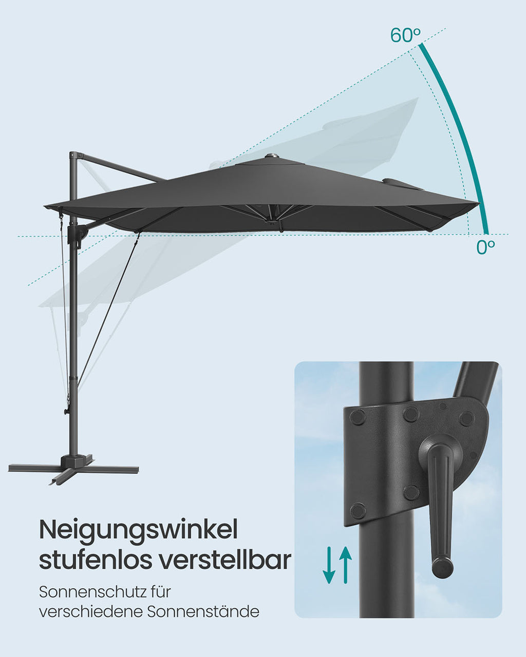 Parasol 270x270 cm - UPF 50+ - with crank and cross foot - Gray