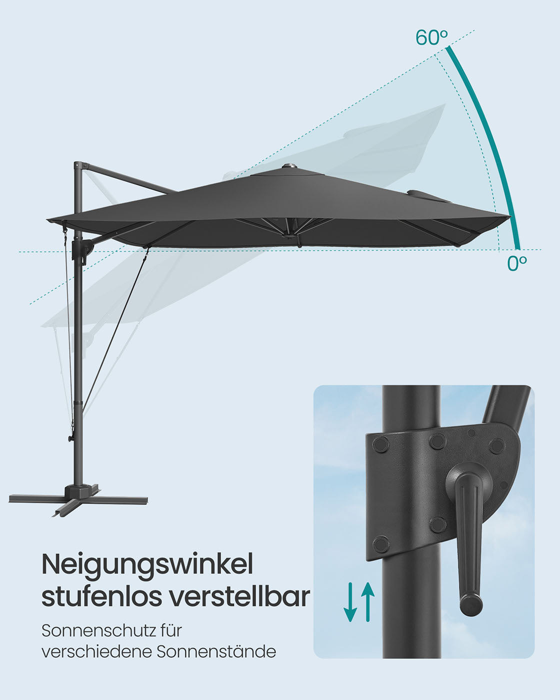 Parasol 270x270 cm - UPF 50+ - with crank and cross foot - Gray