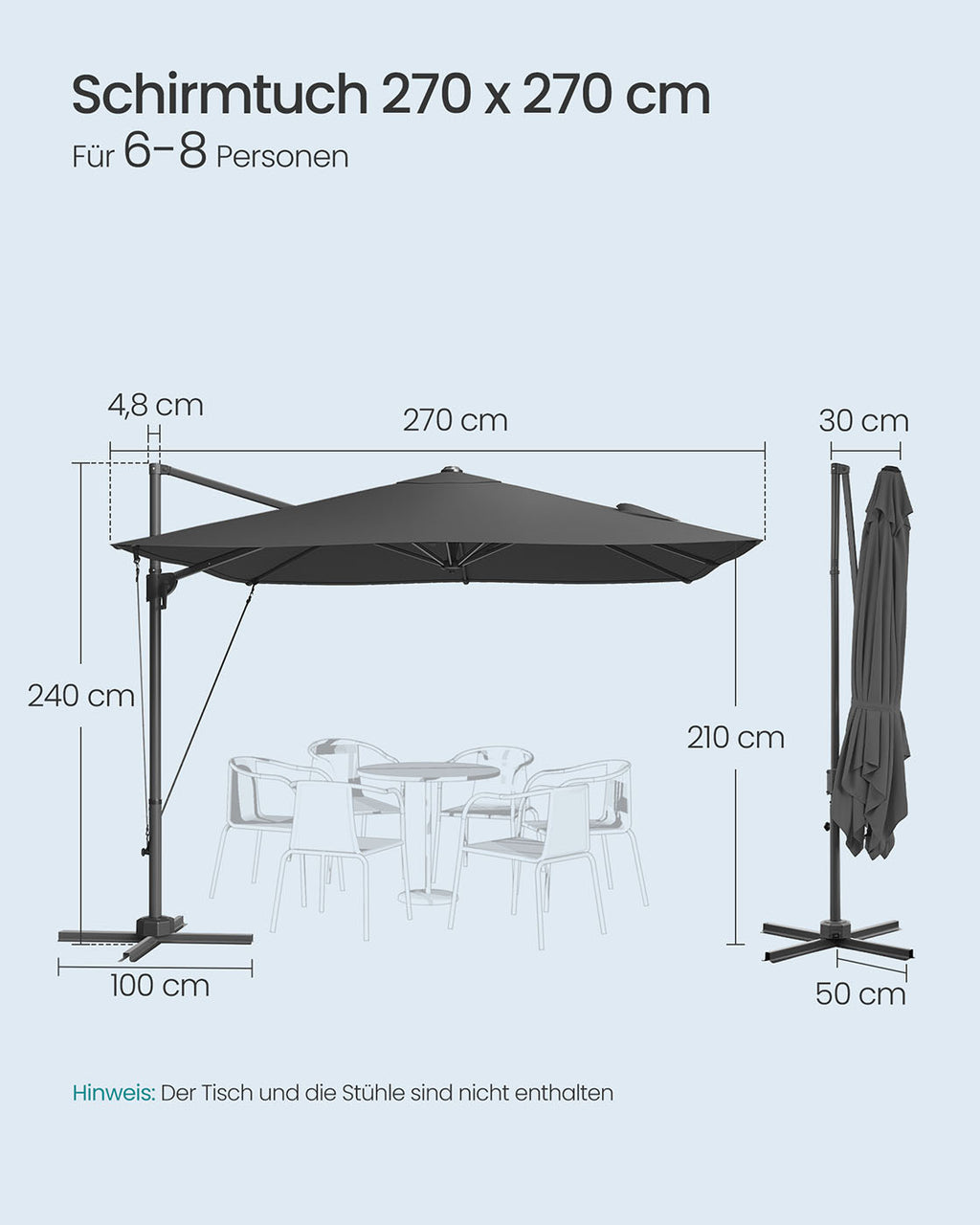Parasol 270x270 cm - UPF 50+ - with crank and cross foot - Gray