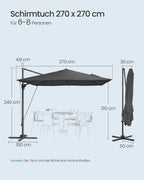 Parasol 270x270 cm - UPF 50+ - with crank and cross foot - Gray