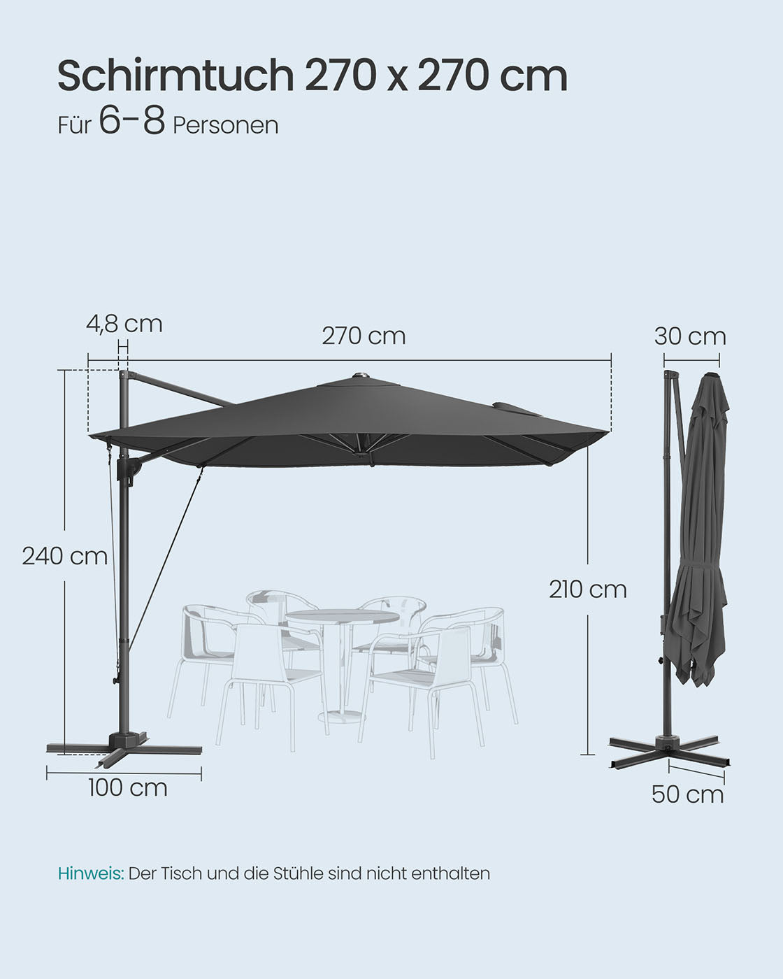 Parasol 270x270 cm - UPF 50+ - with crank and cross foot - Gray