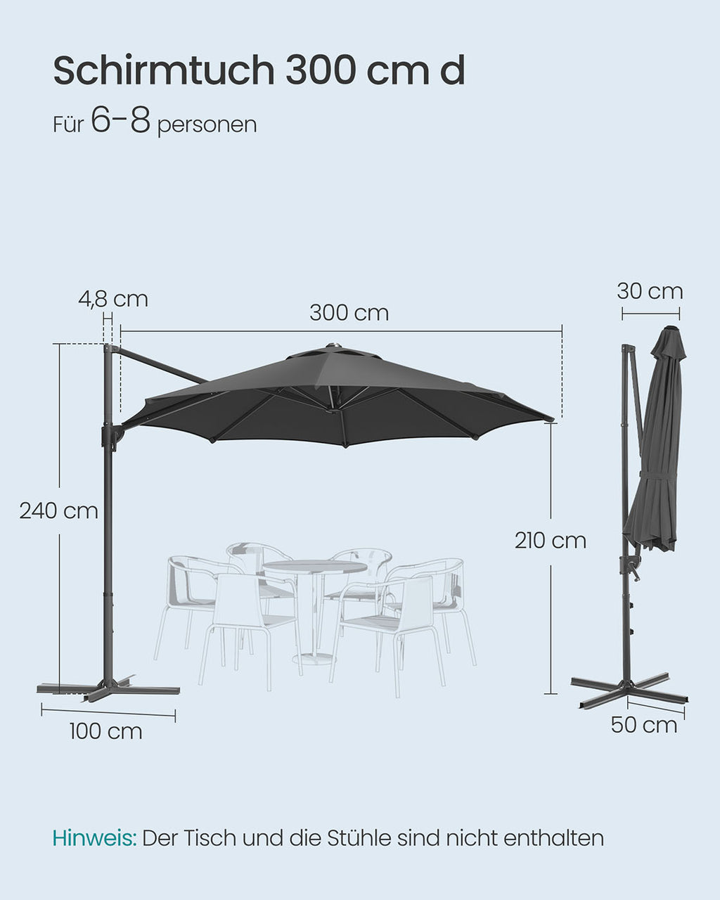 Parasol Ø300 cm - UPF 50+ - with crank and cross foot - Gray