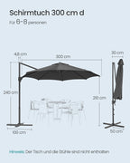 Parasol Ø300 cm - UPF 50+ - with crank and cross foot - Gray