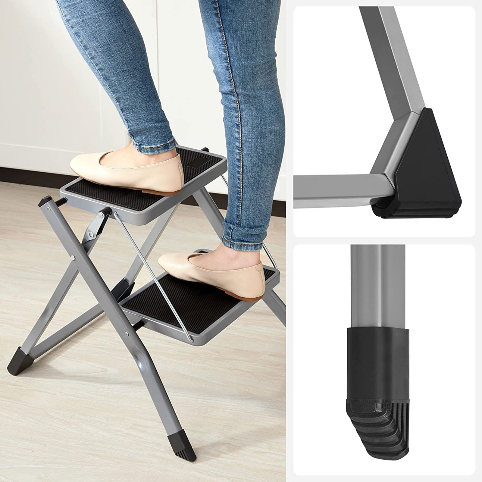 Stairladder - Metal frame - 2 steps - Anti -slip - Gray