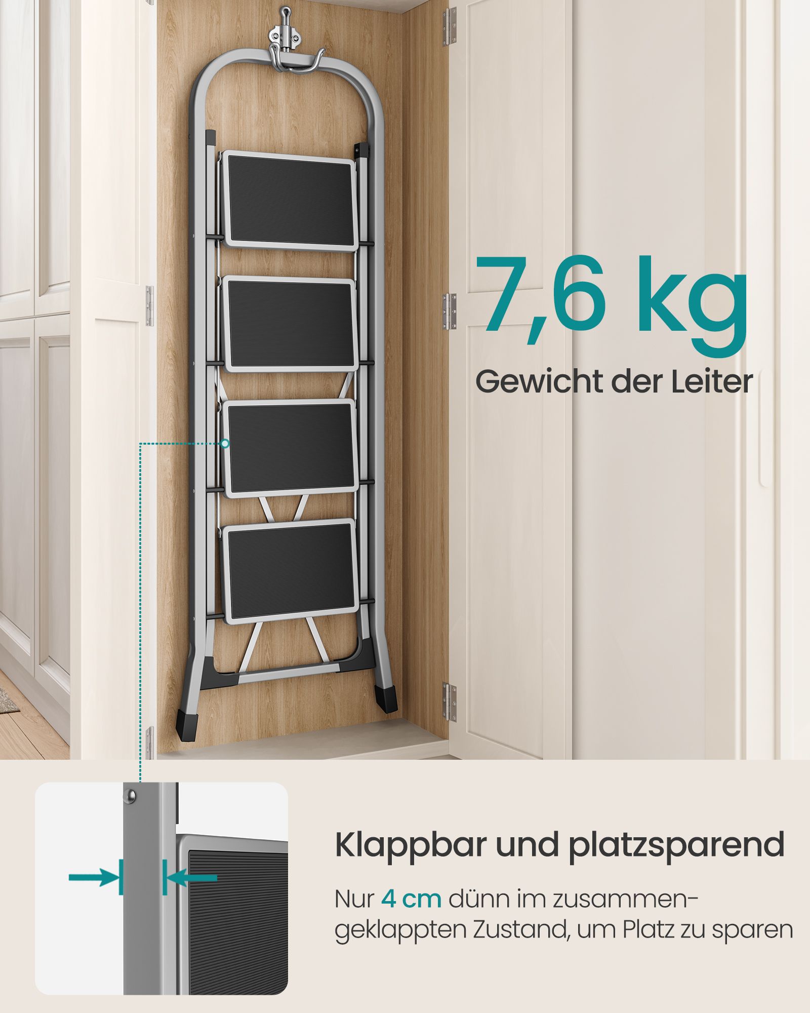 Stairladder - with 4 steps - load capacity of up to 150 kg - pigeon gray