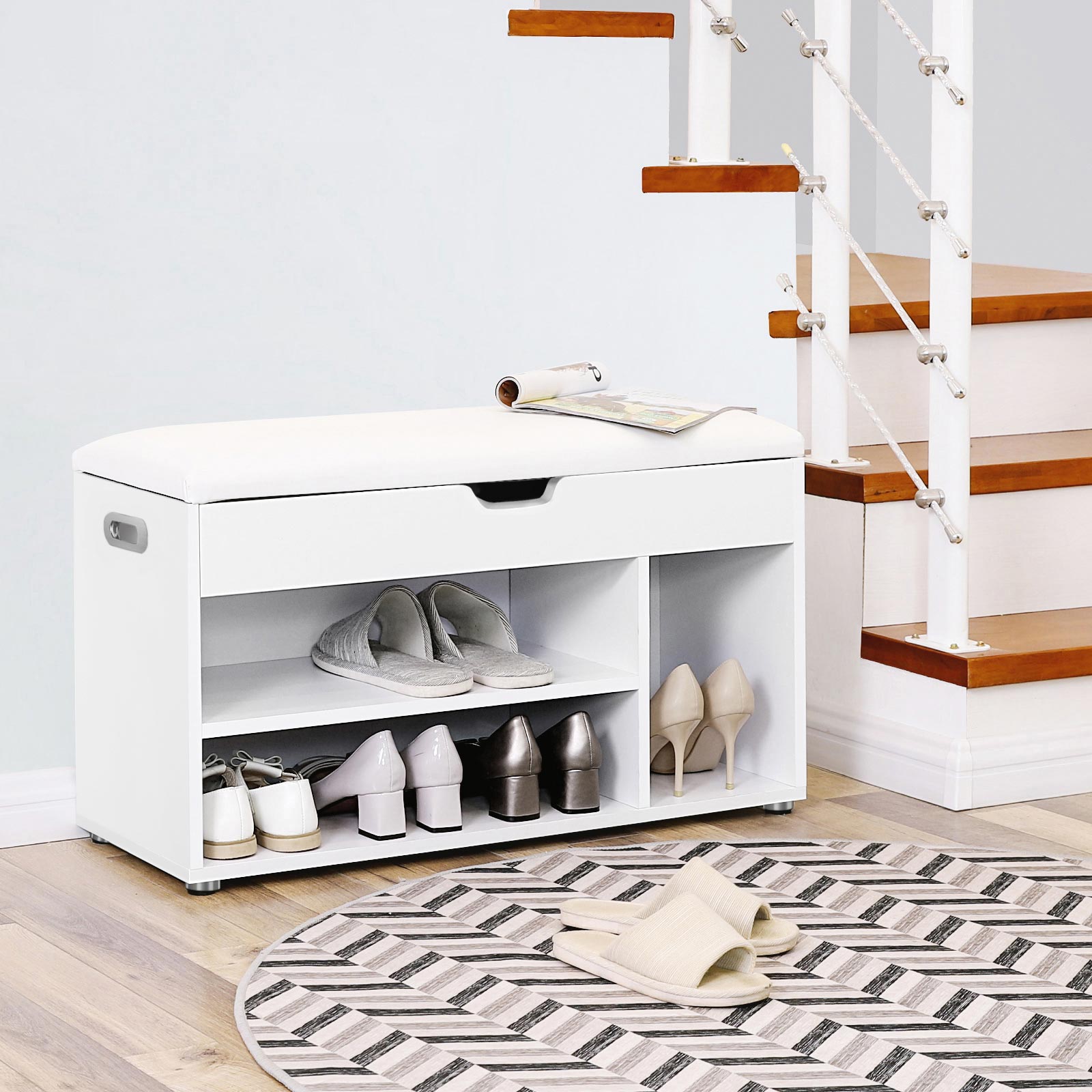 Shoe Bank - with seat cushions - 3 compartments - White