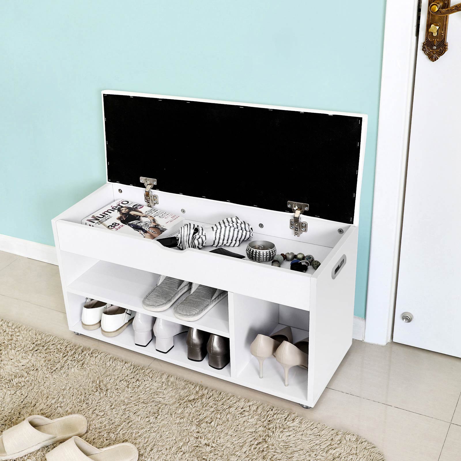 Shoe Bank - with seat cushions - 3 compartments - White