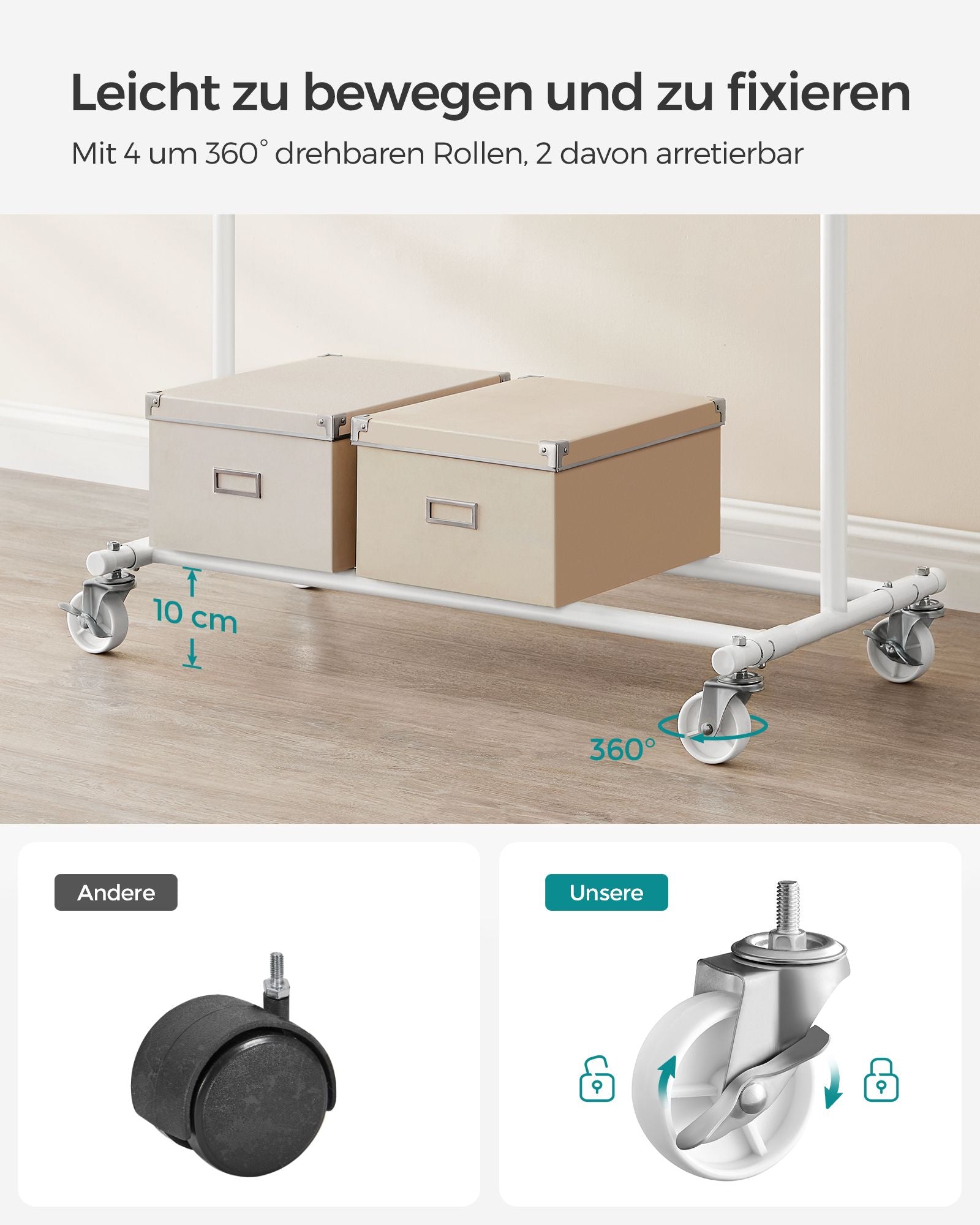 Clothing rack - on wheels - load capacity 90 kg - classic white