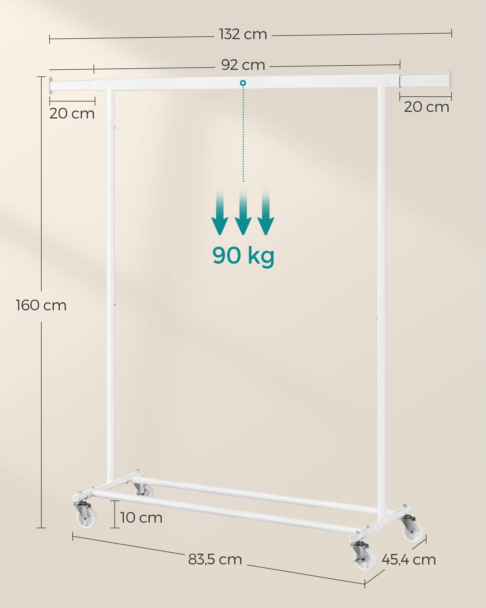 Clothing rack - on wheels - load capacity 90 kg - classic white