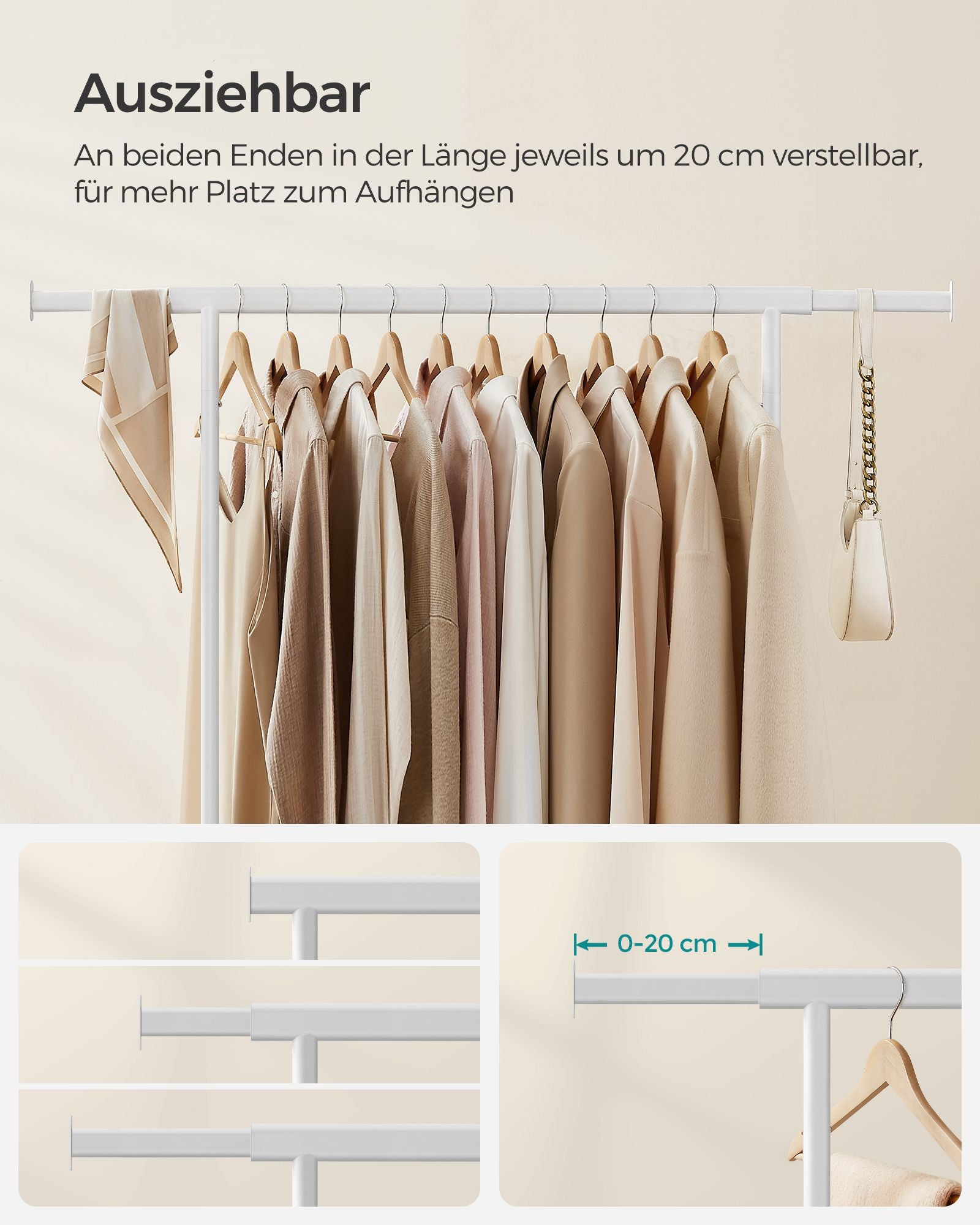 Clothing rack - on wheels - load capacity 90 kg - classic white