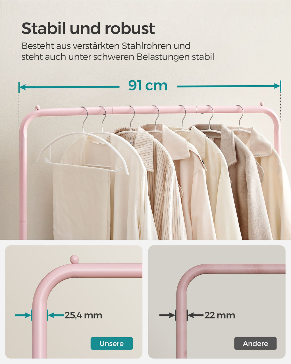 Clothing rack 91 cm wide on pastel pink wheels