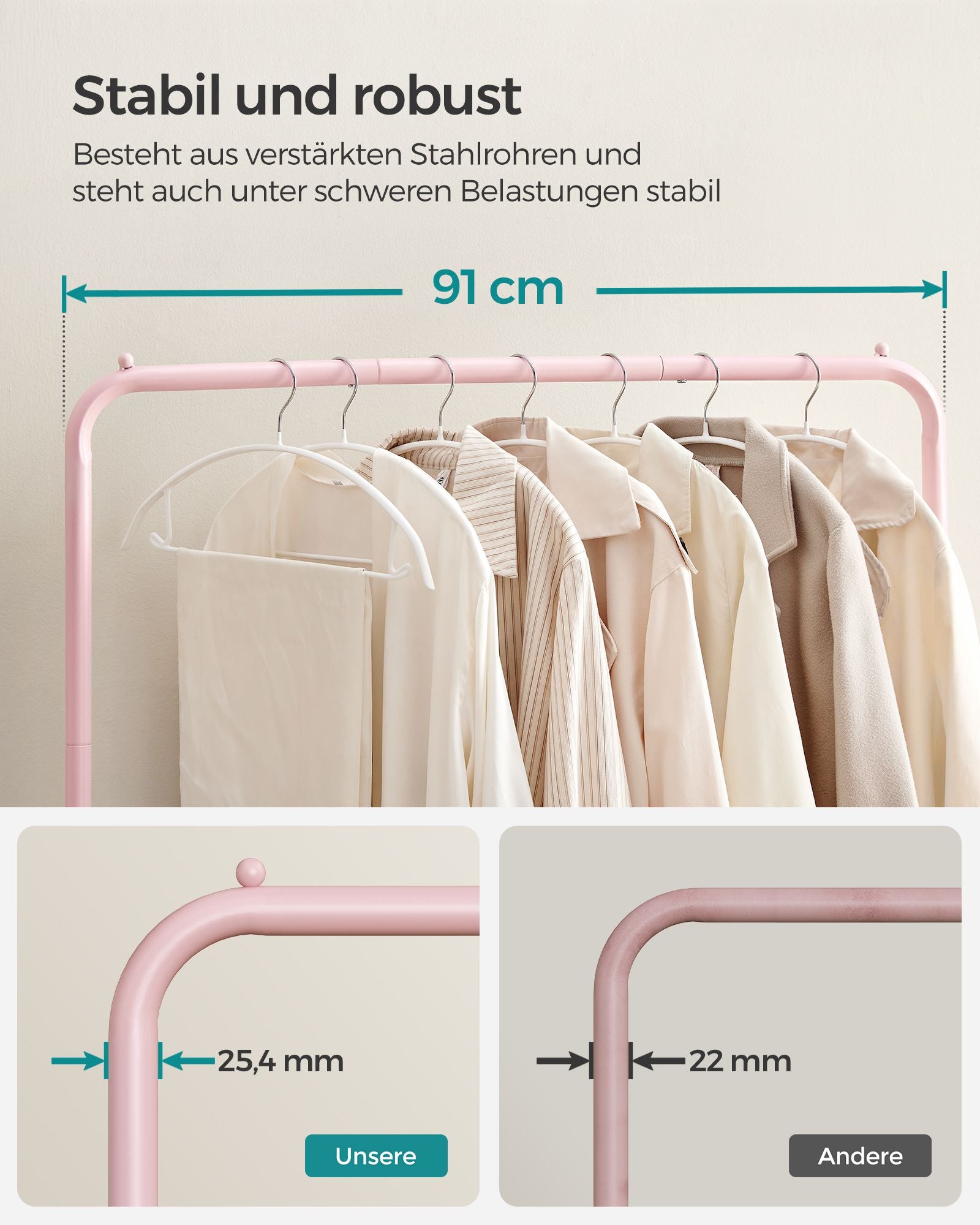 Clothing rack 91 cm wide on pastel pink wheels