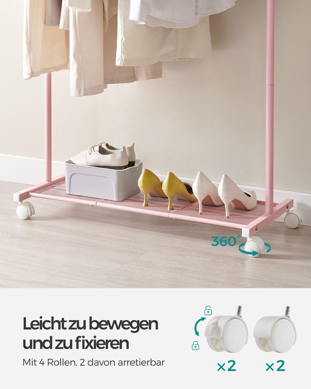 Clothing rack 91 cm wide on pastel pink wheels