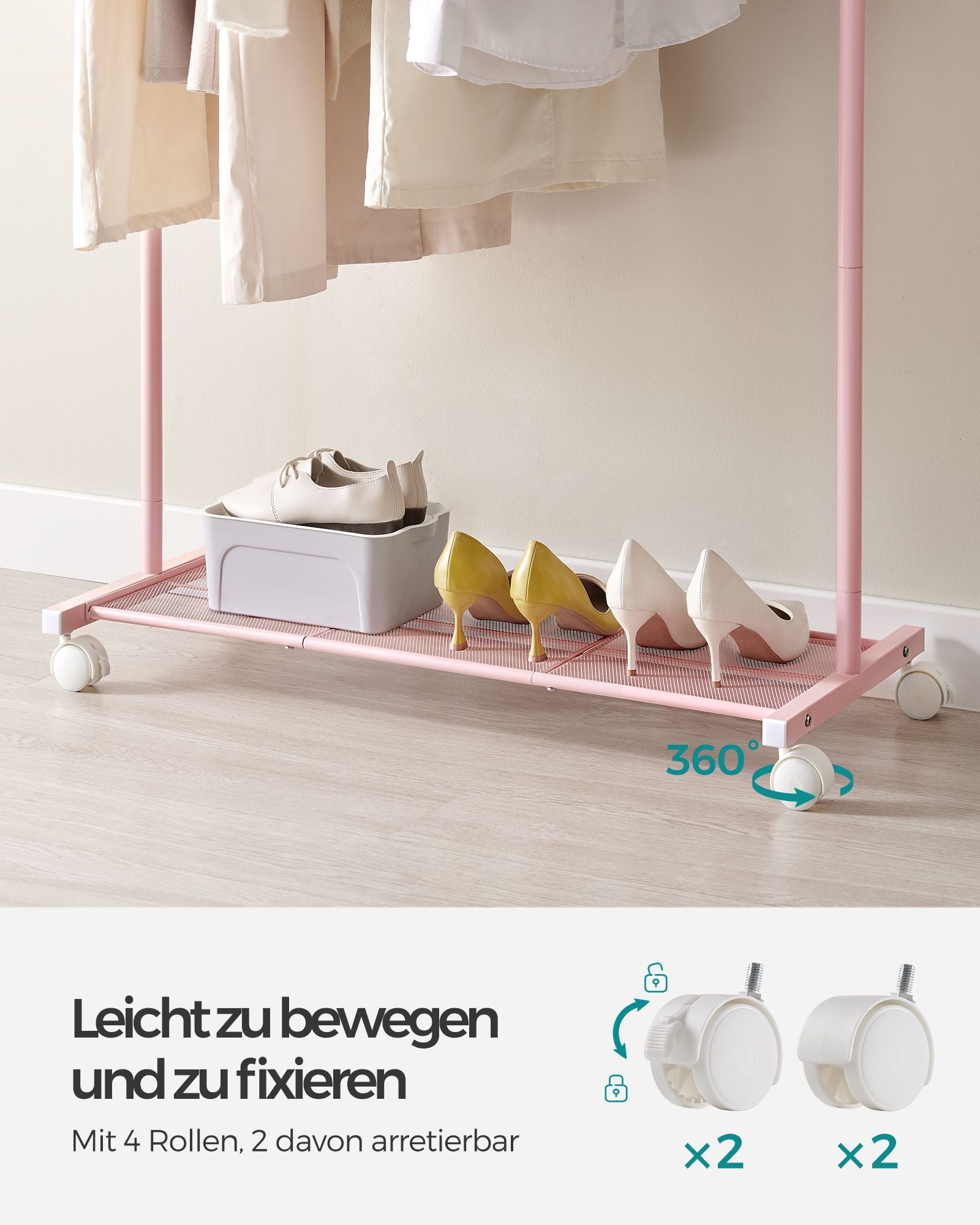 Clothing rack 91 cm wide on pastel pink wheels