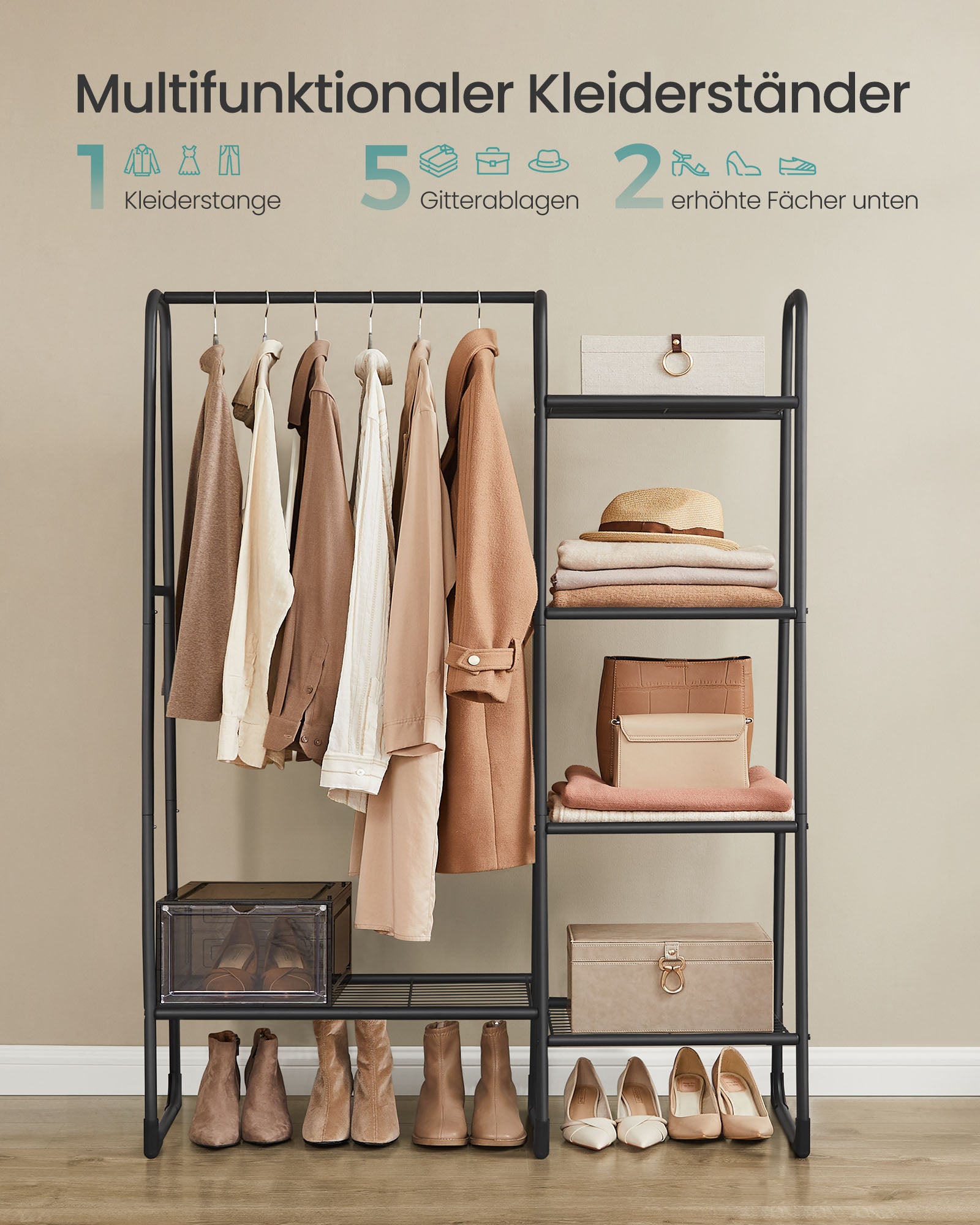 Clothing rack with 5 shelves and steel frame ink -black