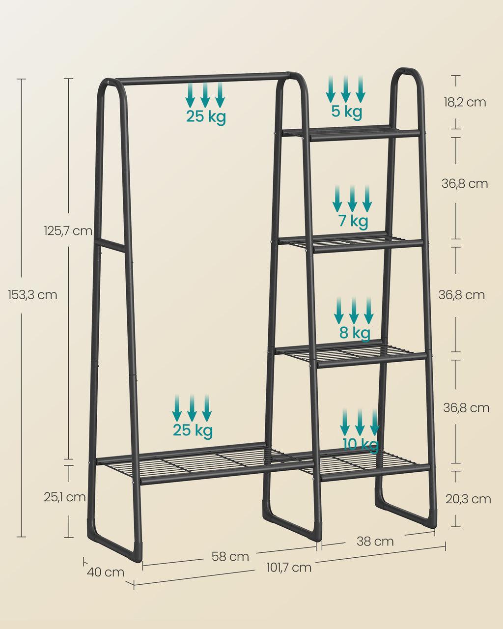 Clothing rack with 5 shelves and steel frame ink -black