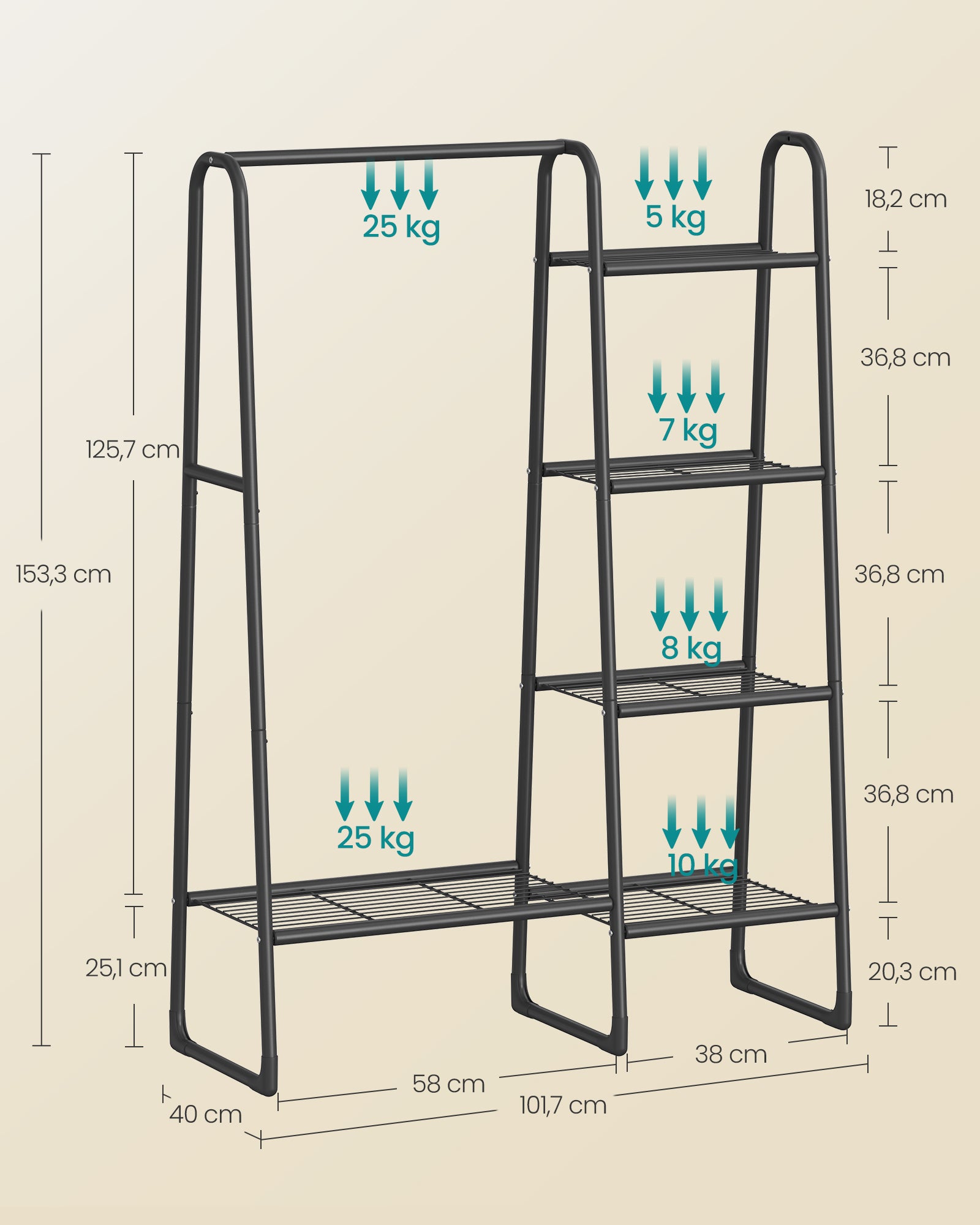 Clothing rack with 5 shelves and steel frame ink -black