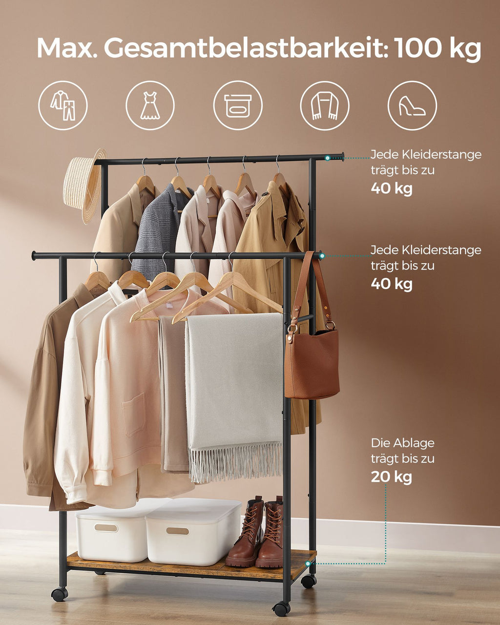 Clothing rack - On wheels - Vintage Brown & Ink -Zwart