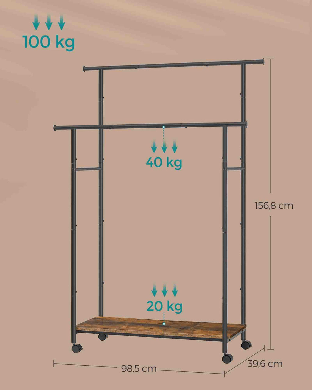 Clothing rack - On wheels - Vintage Brown & Ink -Zwart