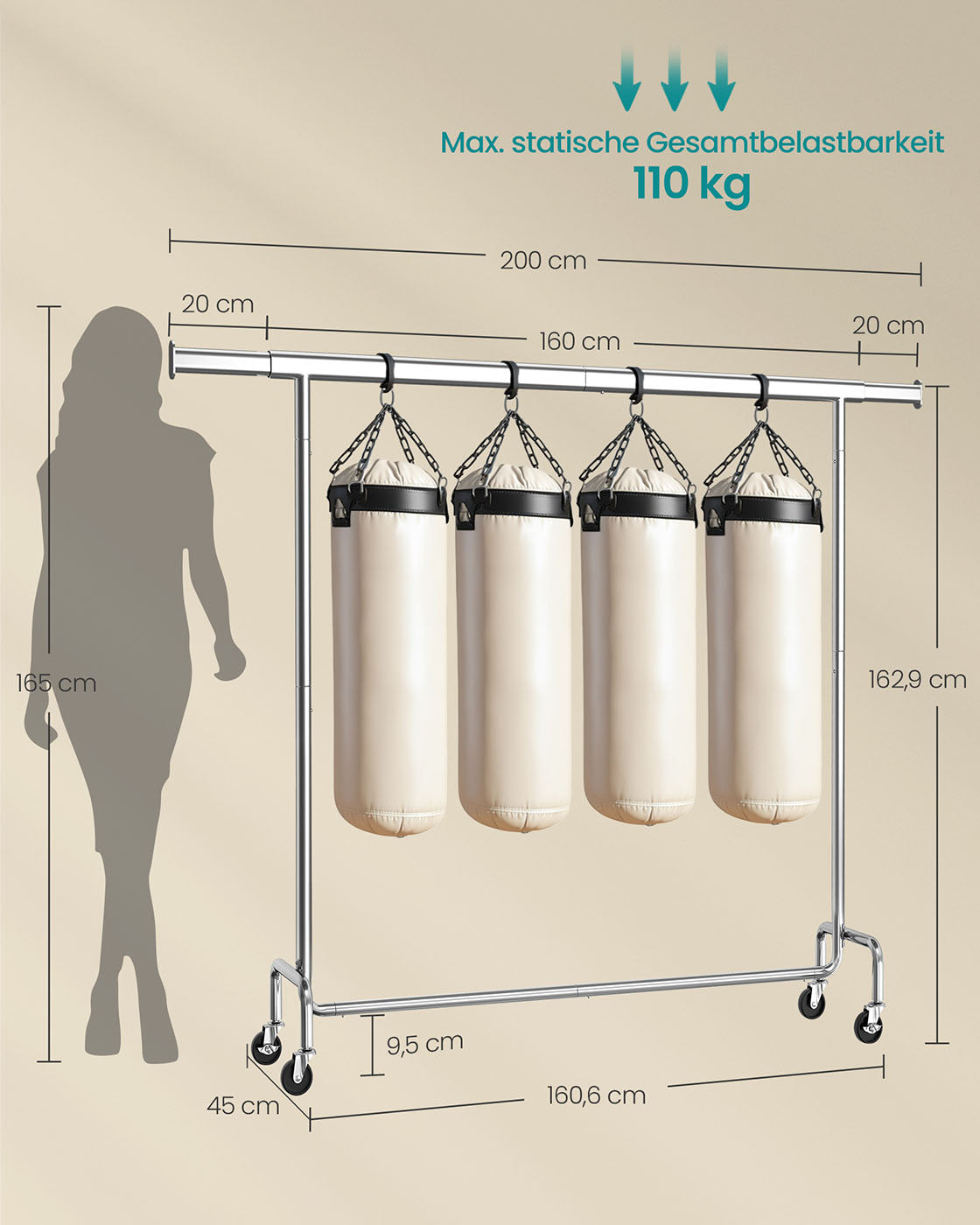 Clothing rack on wheels-45x (160-200) X162.9 cm-silver