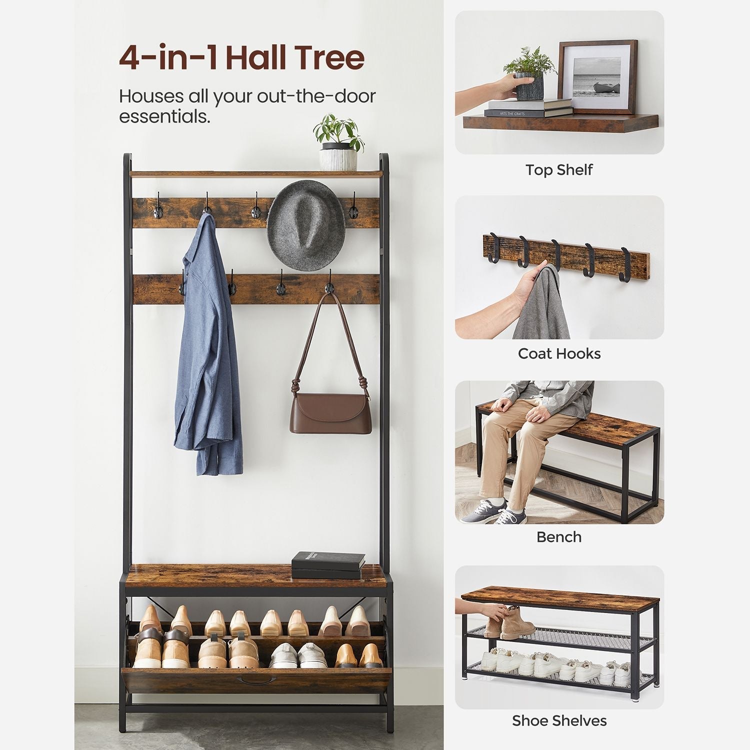 Coat rack - wardrobe with shoe cabinet and bench - clothes rack - shoe storage - vintage brown