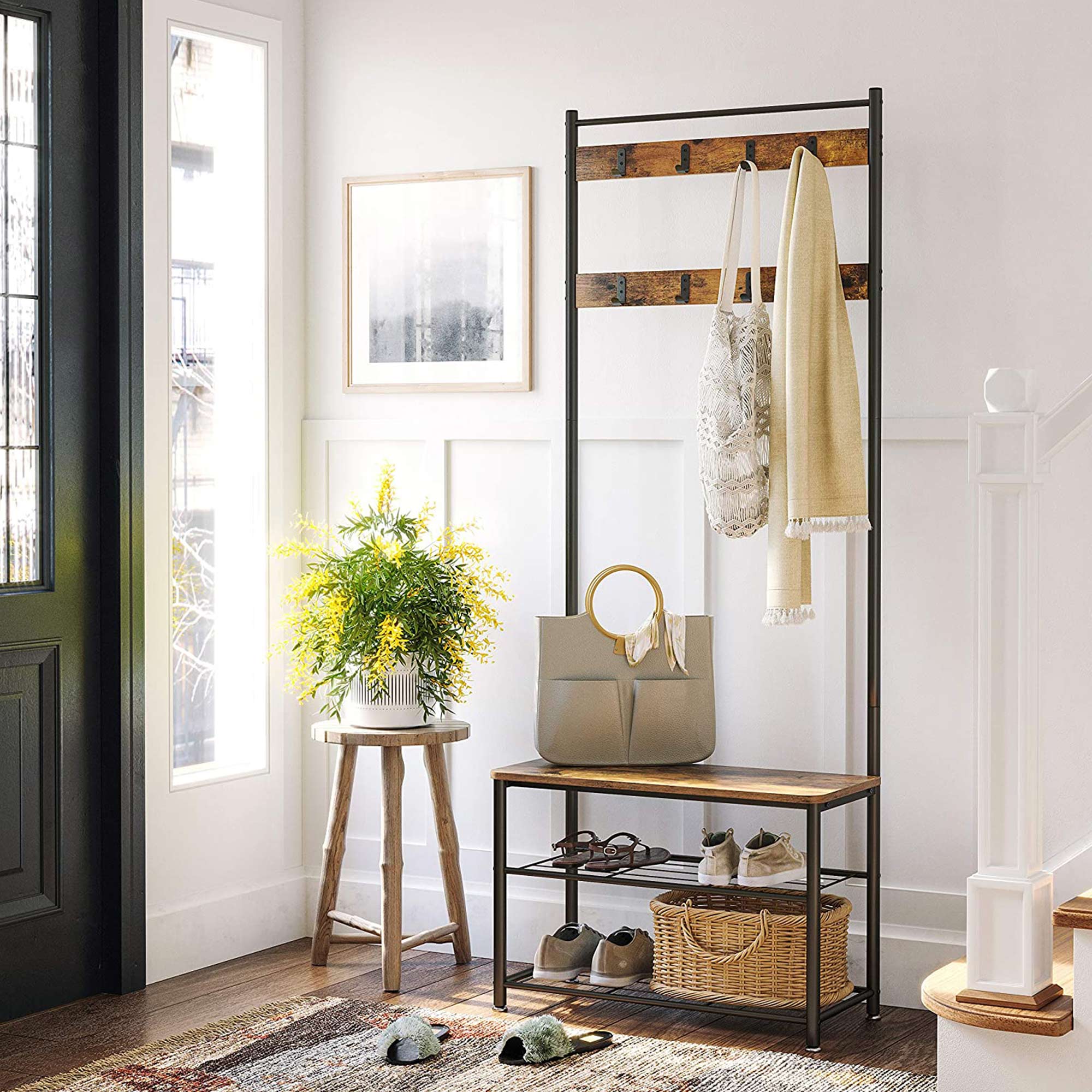Coat rack - shoe rack with sofa - with 3 hooks - dark brown