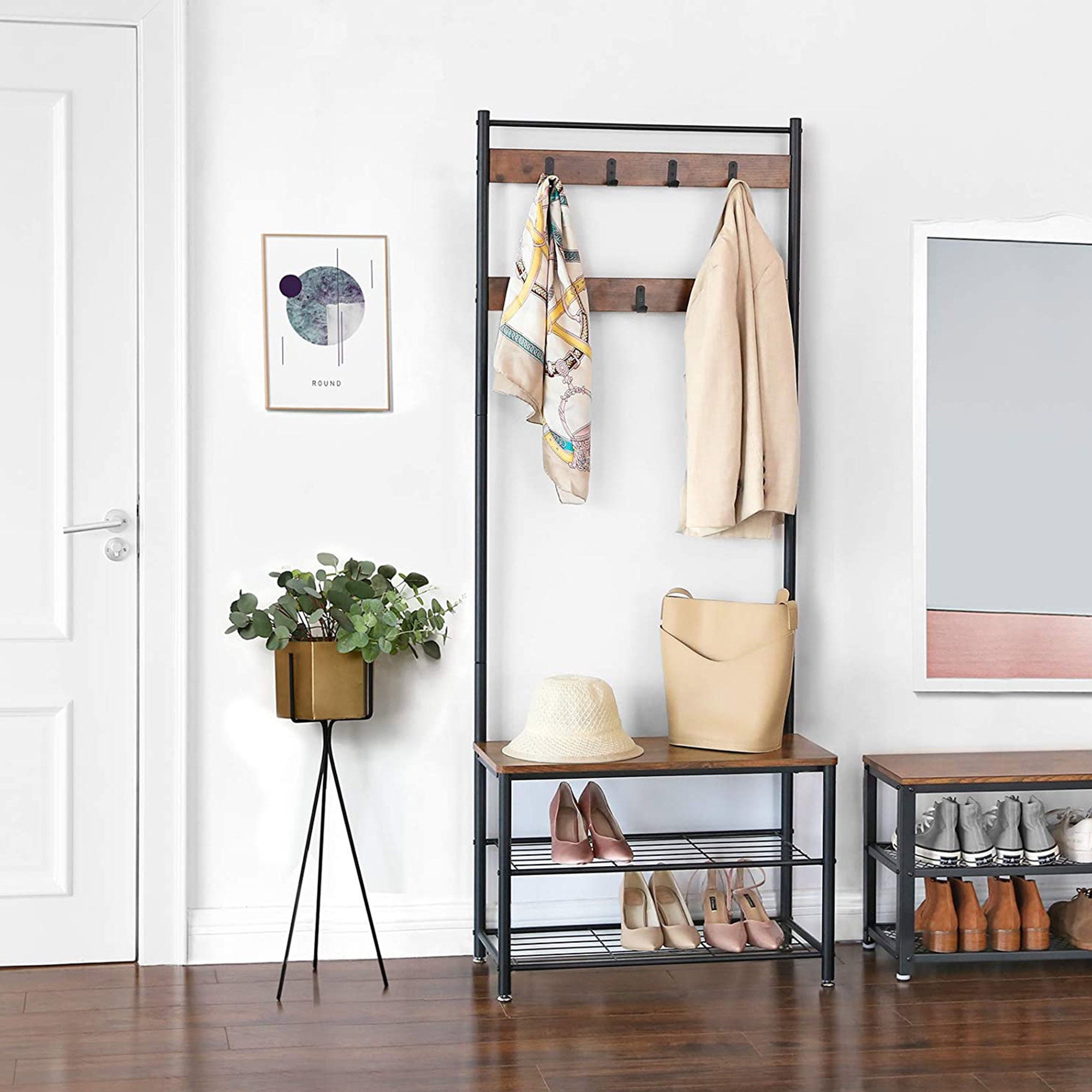 Coat rack - shoe rack with sofa - with 3 hooks - dark brown