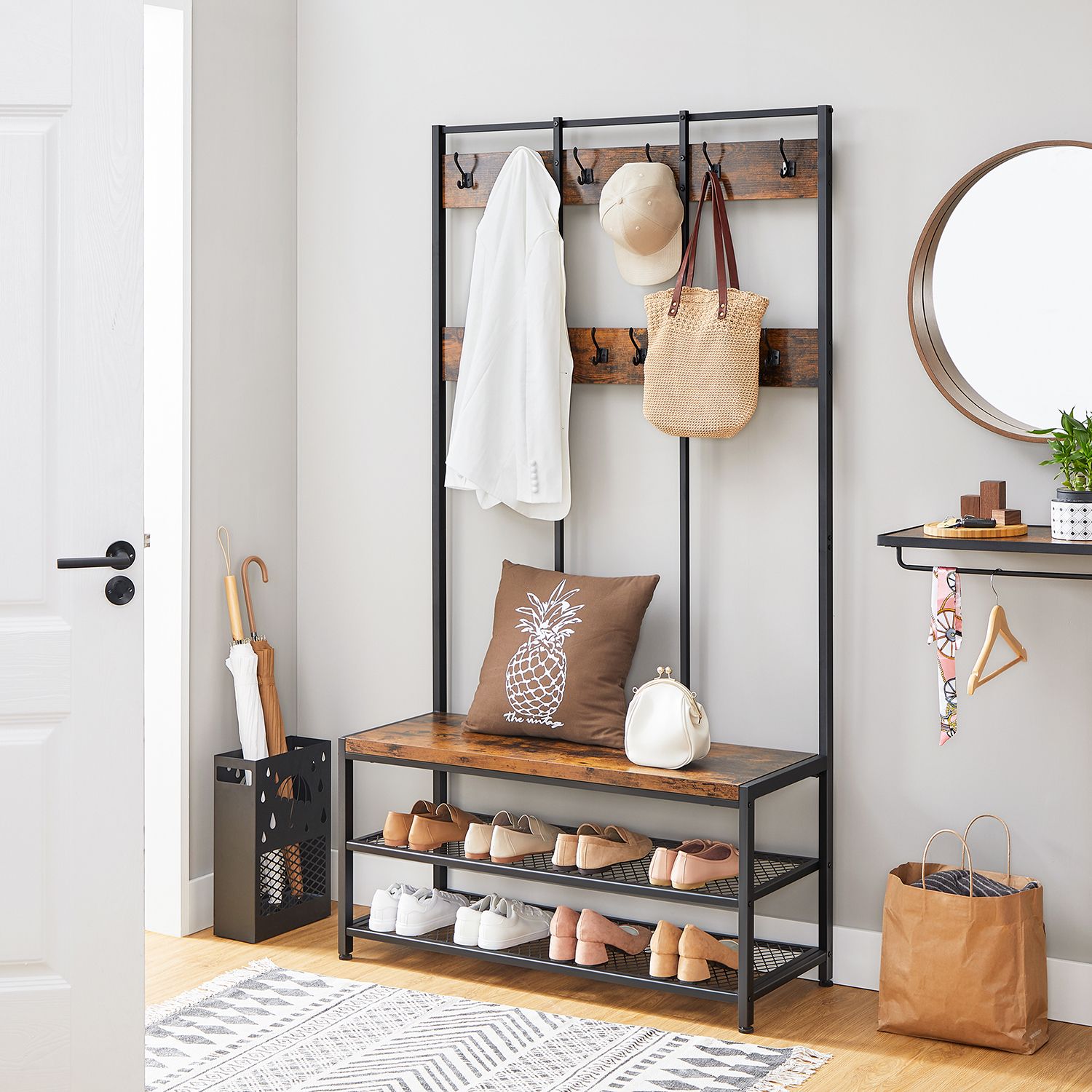 Coat rack with sofa - 12 clothes hooks - shoe rack - Industrial design - Sturdy steel frame