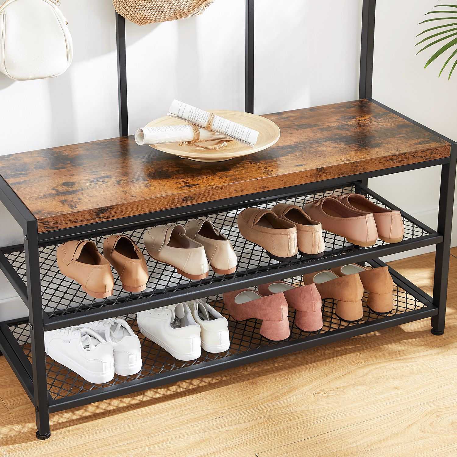 Coat rack with sofa - 12 clothes hooks - shoe rack - Industrial design - Sturdy steel frame
